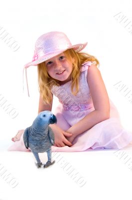 girl with grey parrot