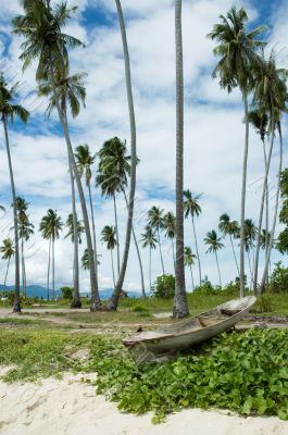 old boat in coconut beach, borneo