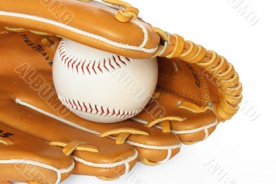 Baseball catcher mitt with ball isolated on white background clo