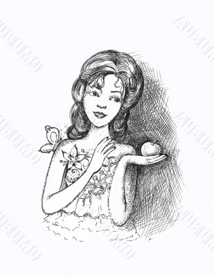 girl with apple and butterfly