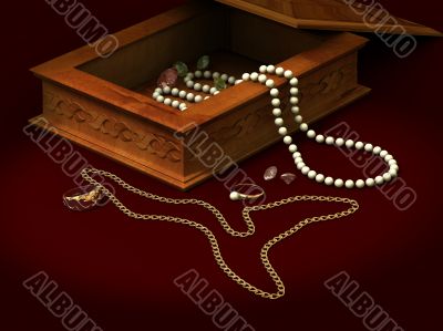 Casket of an ornament pearls brilliants ring chain beads