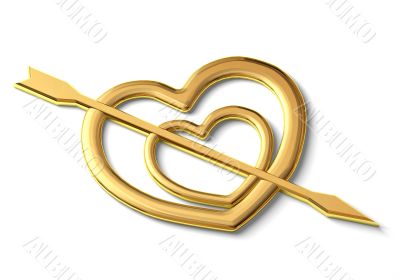 Two gold hearts punched by an arrow