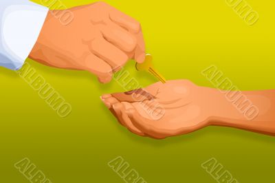 Hands with key and green background