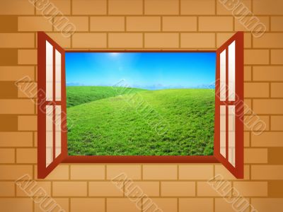 window illustration with green grass