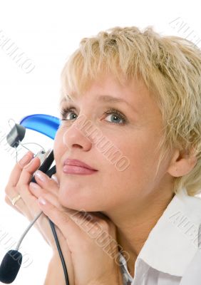 blond woman listening to music with headset