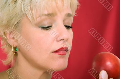 blonde woman with peach