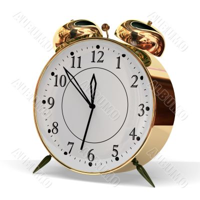 gold metallic alarm clock on grey background