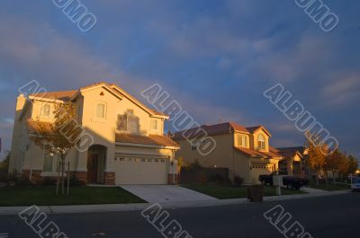 houses lit by evening sun