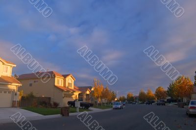 houses lit by evening sun