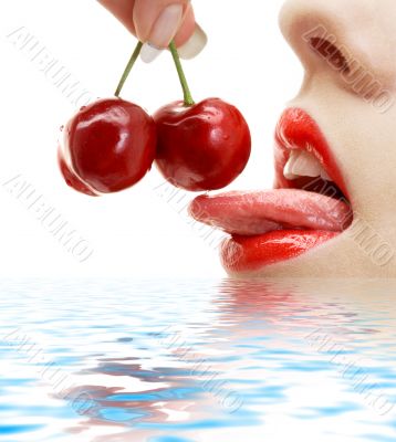 cherry, lips and tongue in water