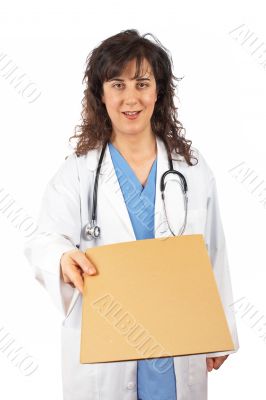 Female doctor handing a dossier