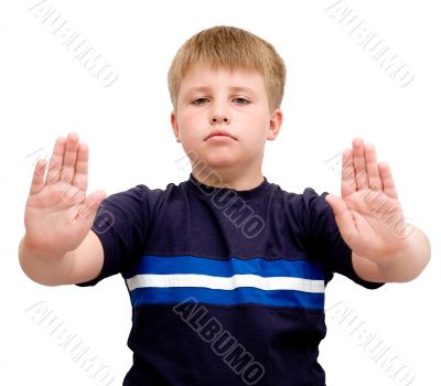 stop. boy with hand outstretched