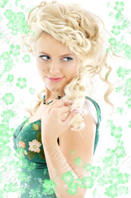 lady in emerald dress with flowers