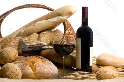 Wine with Bread Isolated on white