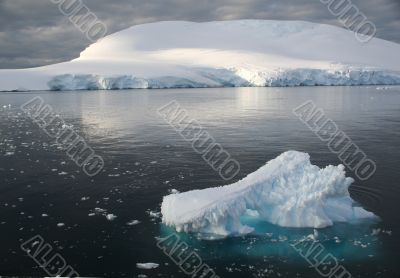 Icebergs and brash ice in calm seas