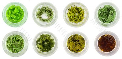 Eight bowls of green tea