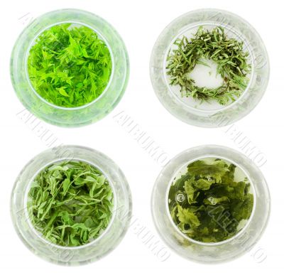 Four bowls of green tea