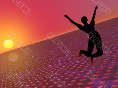 Woman jumping in a hi tech world