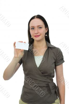 woman keeps card on white background