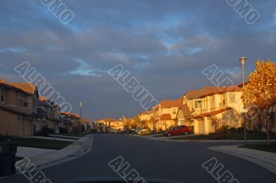 houses lit by evening sun