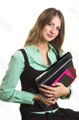 The girl with books on a white background