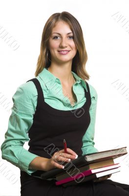 The girl with books on a white background