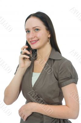 Business woman rings on mobile phone on white background