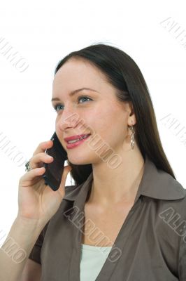 Business woman rings on mobile phone on white background