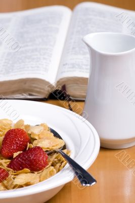 Cereal with Strawberries and bible