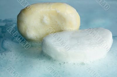 Yellow and white soap in foam but