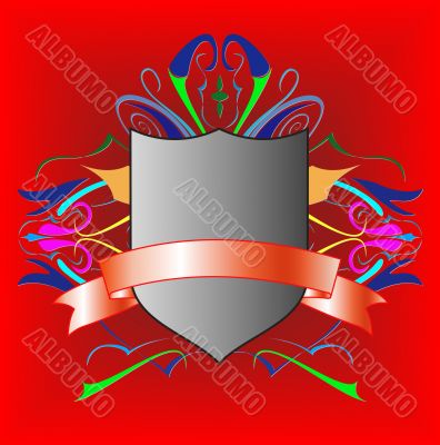 Heraldic board decorated by a pattern on a red background