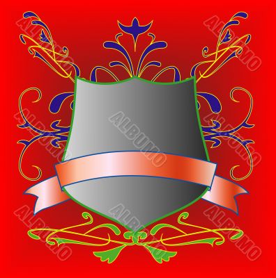 Heraldic board decorated by a pattern on a red background