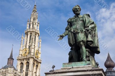 Statue of Rubens with Cathedral in background
