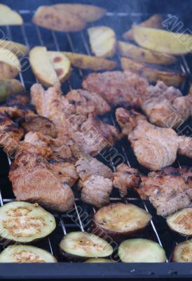 Barbecue grilled meat and eggplants