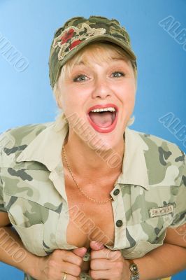 model in khaki poses in studio