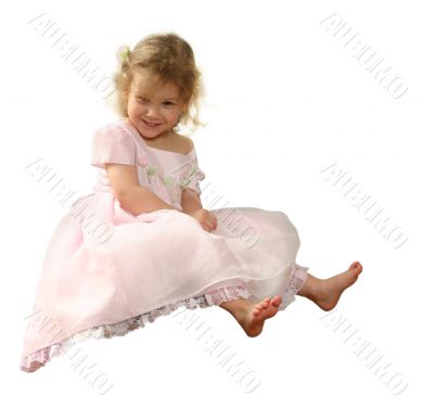 Small girl in pink gown on white background.