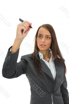 Woman writes on glass