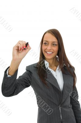 Woman writes on glass