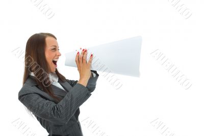 Business woman yells in megaphone
