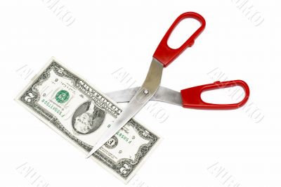 2 Dollar note and scissors isolated