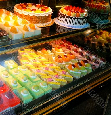Cakes and Fruity Pastries in Bakery Window