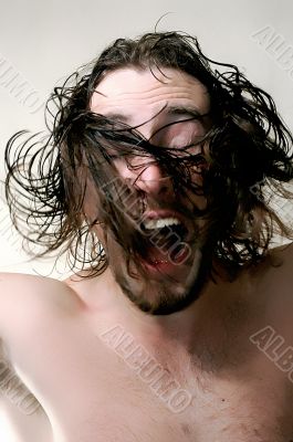 shouting men in fluttering hair