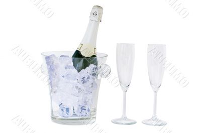 champagne bottle and glass isolated on white