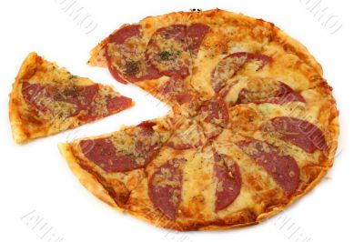 pepperoni pizza with one piece out