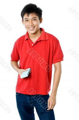 holding a games console