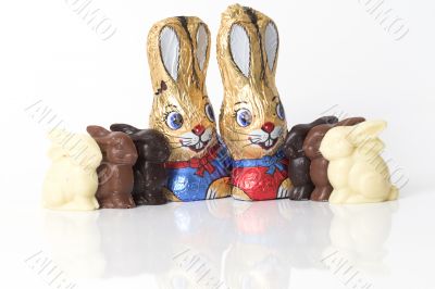 Chocolate easter bunnies on white background