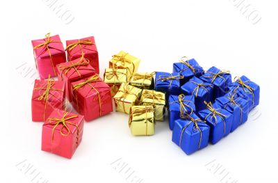 multicolored gifts on white