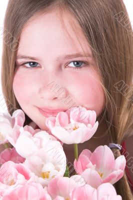 Behind the pink tulips