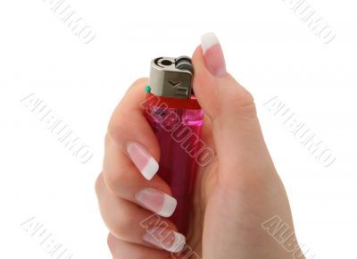 female hand holding a lighter