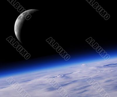 Blue Planet Earth And Crescent Moon